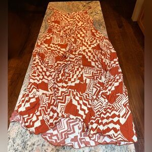Rust/Orange & White Geometric Maxi Dress. XL. Button up front. Adjustable straps